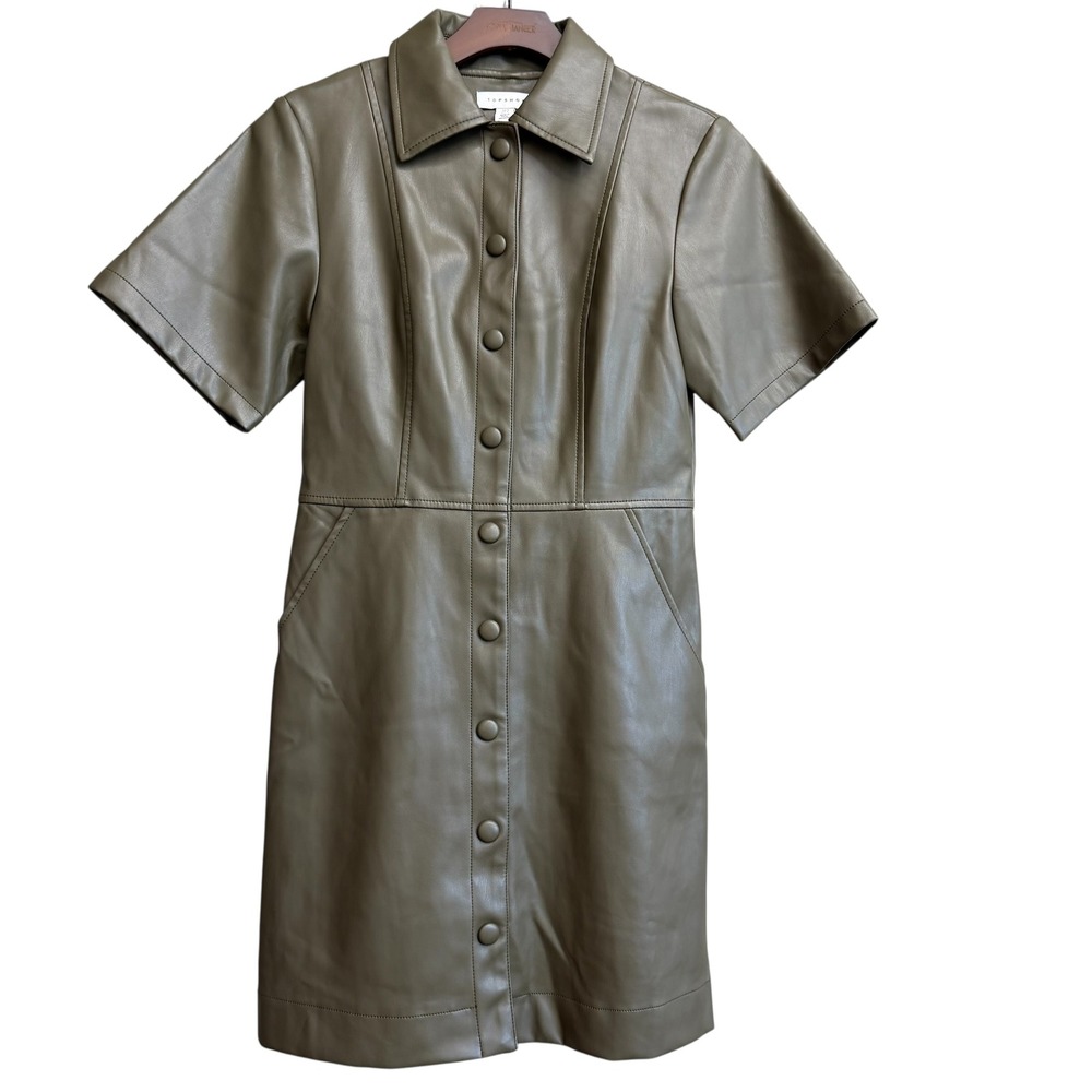 Topshop Olive Green Faux Leather Snap Front Mini Shirt Dress Womens US 4